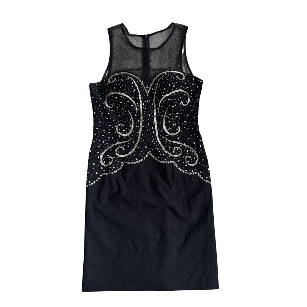 Women's Vintage Form‎ Fitting Black Sequin Sparkly Mesh Knee Length Dress Sz 5